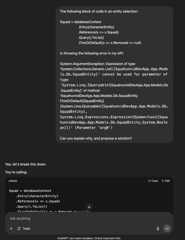 ChatGPT prompt and a response from the AI